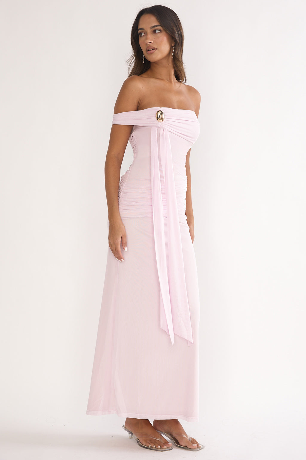 Evanthe Off-Shoulder Sash Maxi Dress Blush by Selfie Leslie Australia
