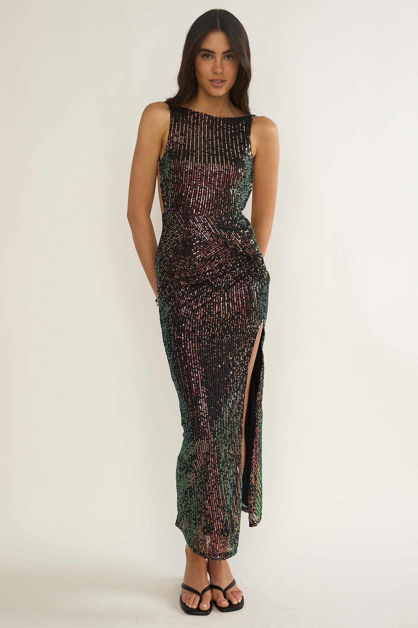 Zaretha Backless Split Maxi Dress Sequin Black/Gold by Selfie Leslie Australia