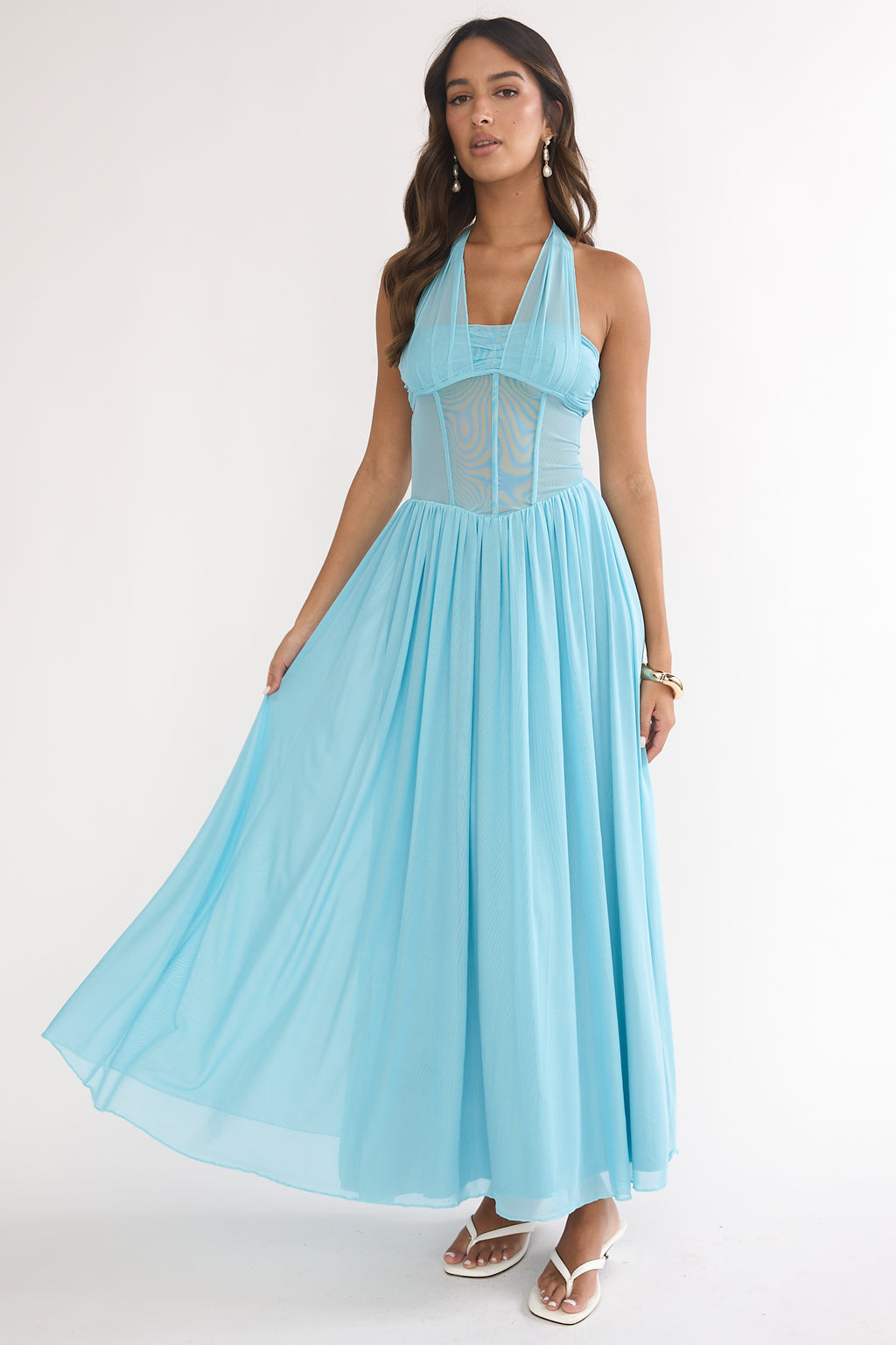 Jovella Halterneck Mesh Dress Blue by Selfie Leslie Australia
