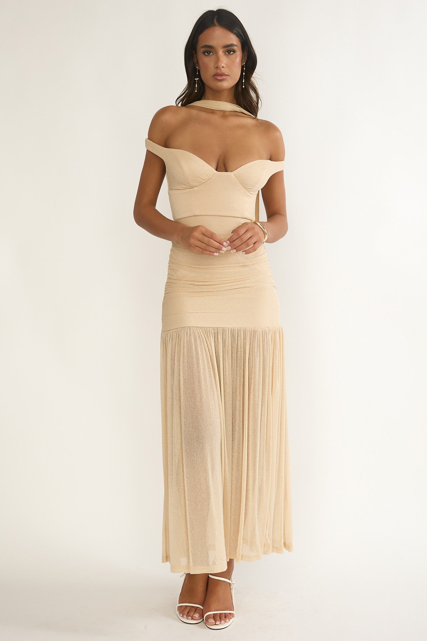 Delora Off-Shoulder Scarf Maxi Dress Beige by Selfie Leslie Australia