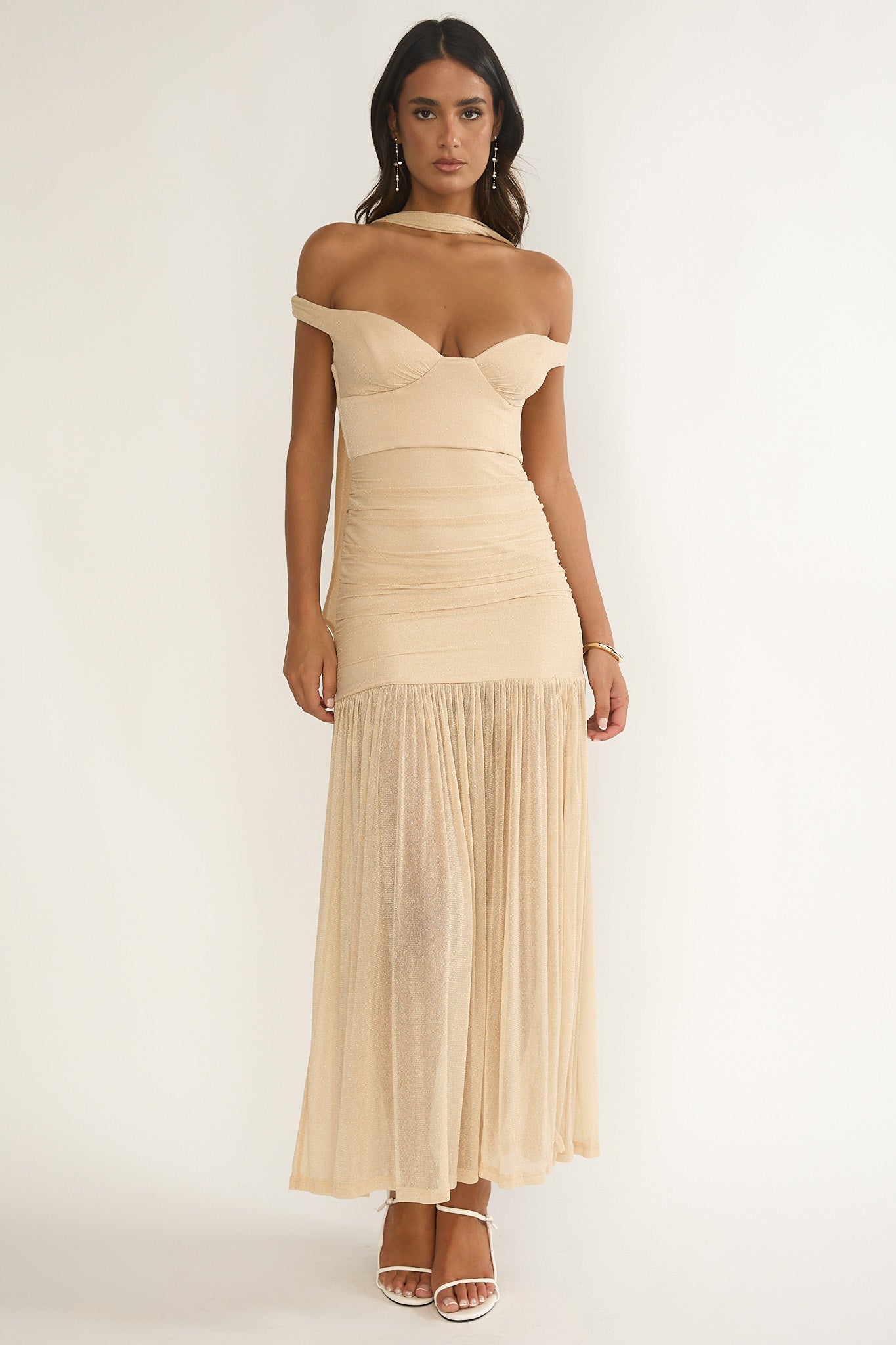 Delora Off-Shoulder Scarf Maxi Dress Beige by Selfie Leslie Australia