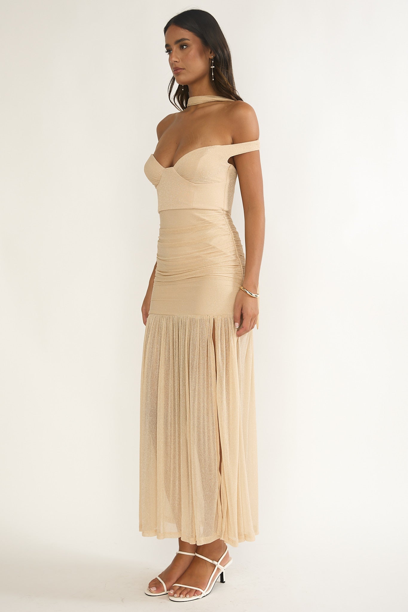 Delora Off-Shoulder Scarf Maxi Dress Beige by Selfie Leslie Australia