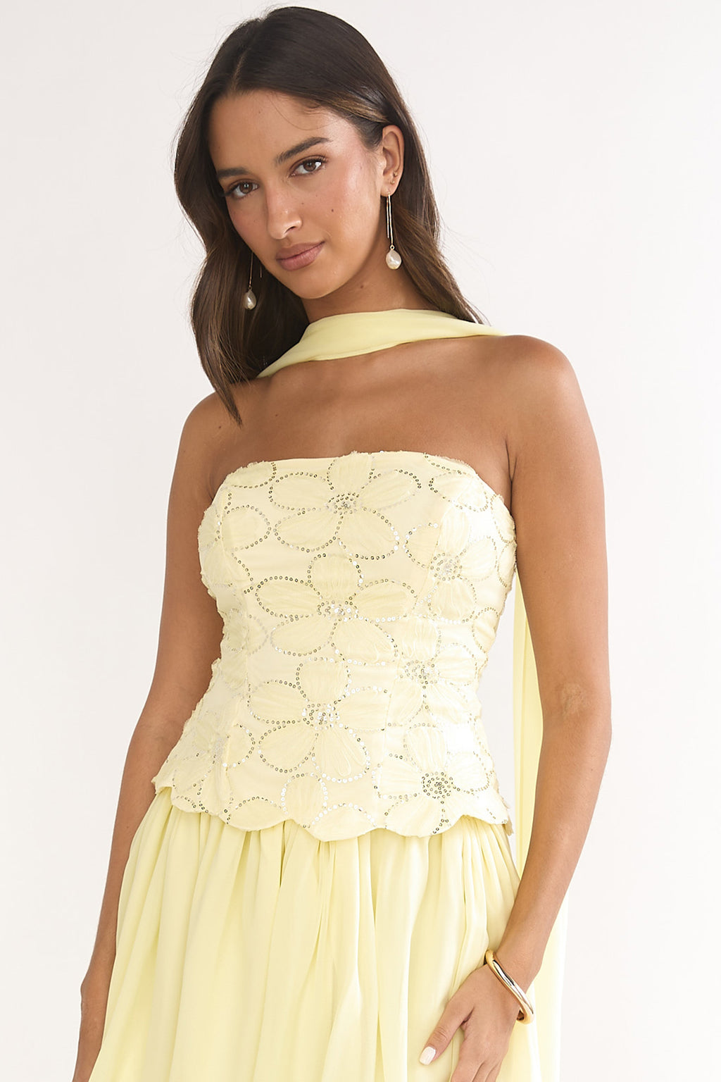 Sunset Serenade Embellished Strapless Top Yellow by Selfie Leslie Australia