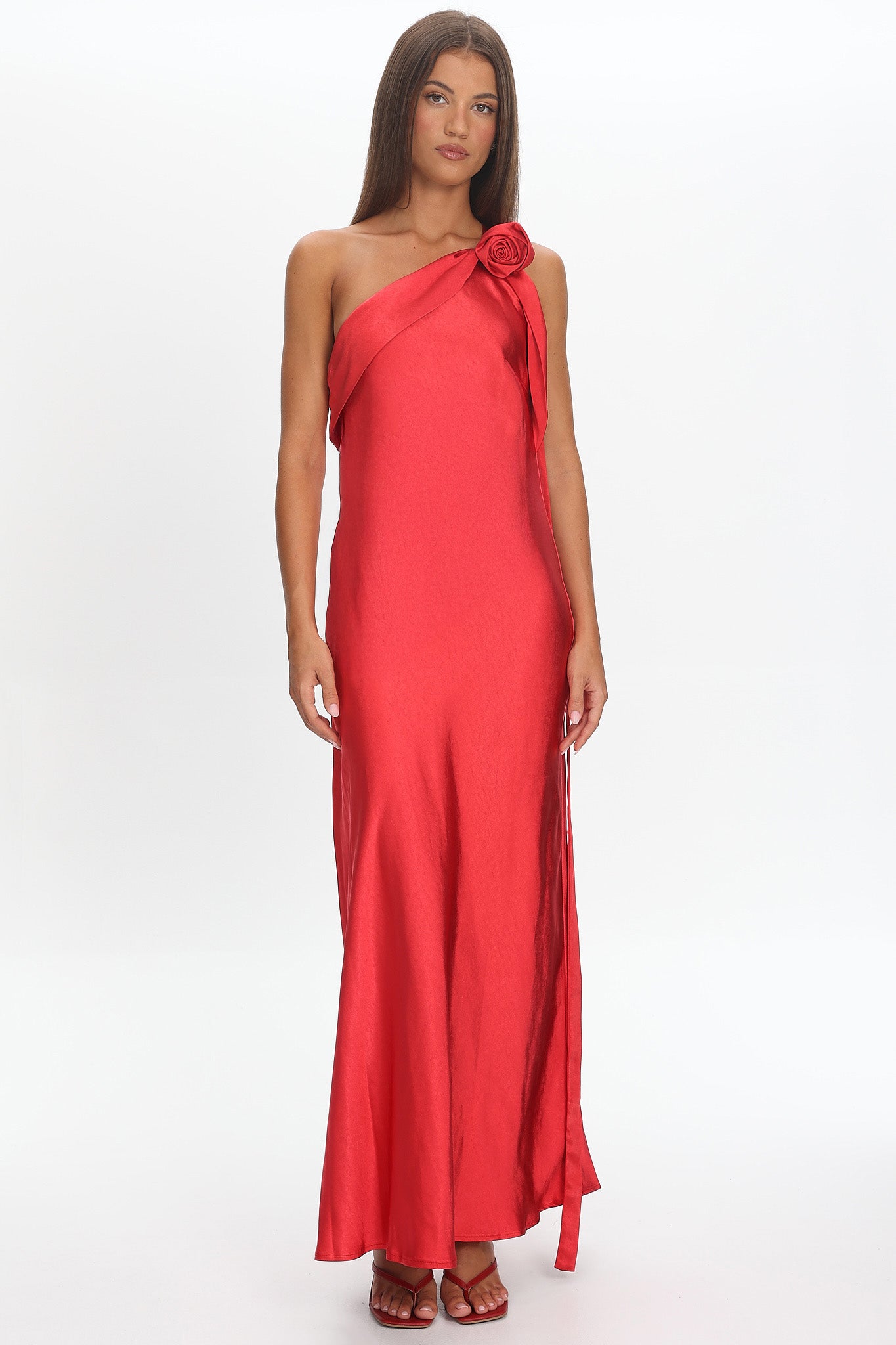 Star Fall One-Shoulder Rosette Maxi Dress Red by Selfie Leslie Australia