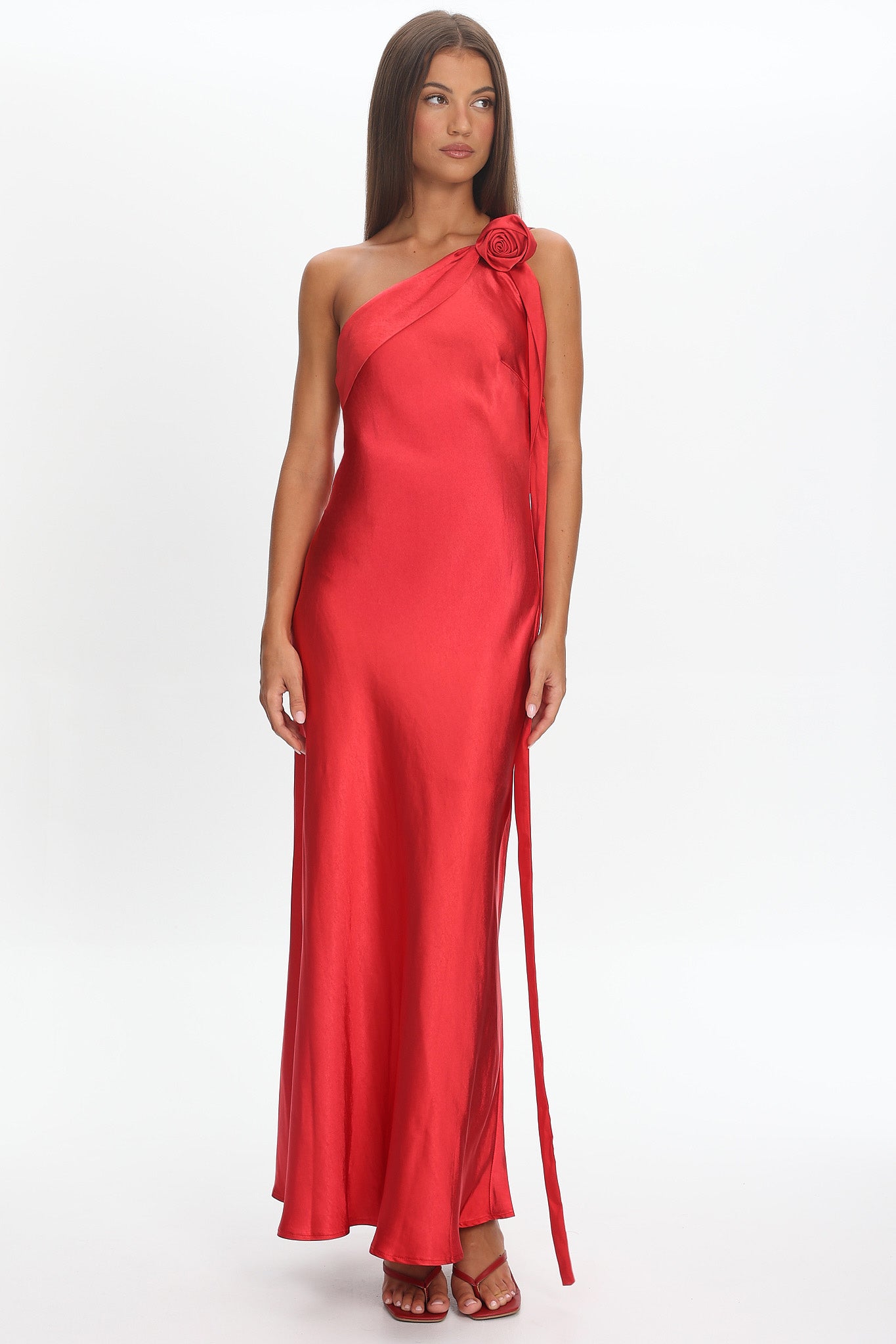 Star Fall One-Shoulder Rosette Maxi Dress Red by Selfie Leslie Australia