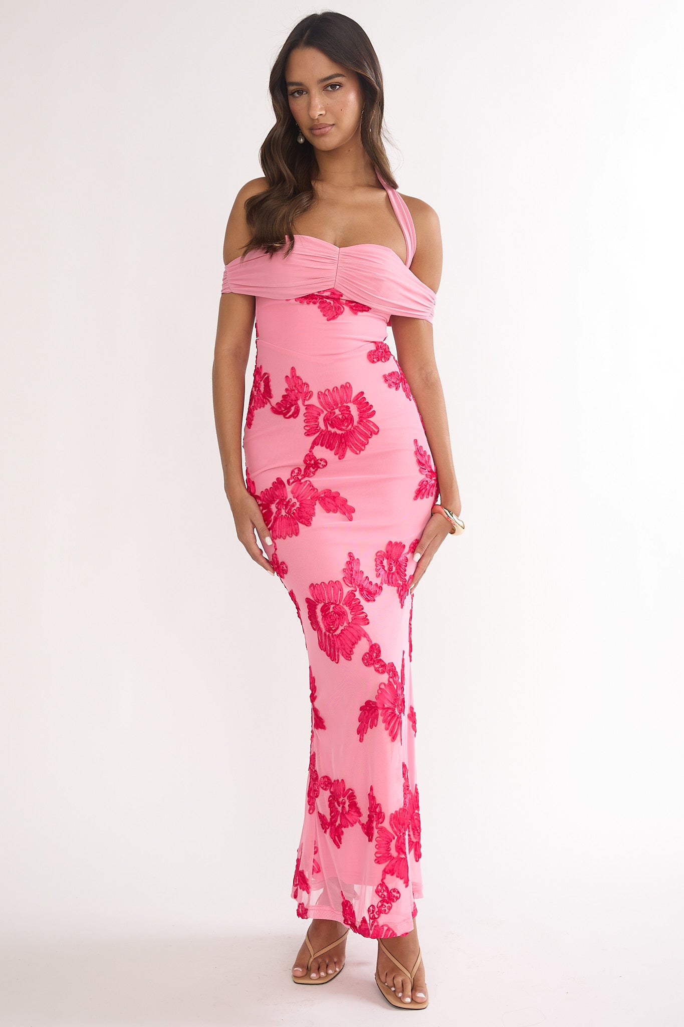 Fleurie Halter Off-Shoulder Maxi Dress Embellished Pink by Selfie Leslie Australia