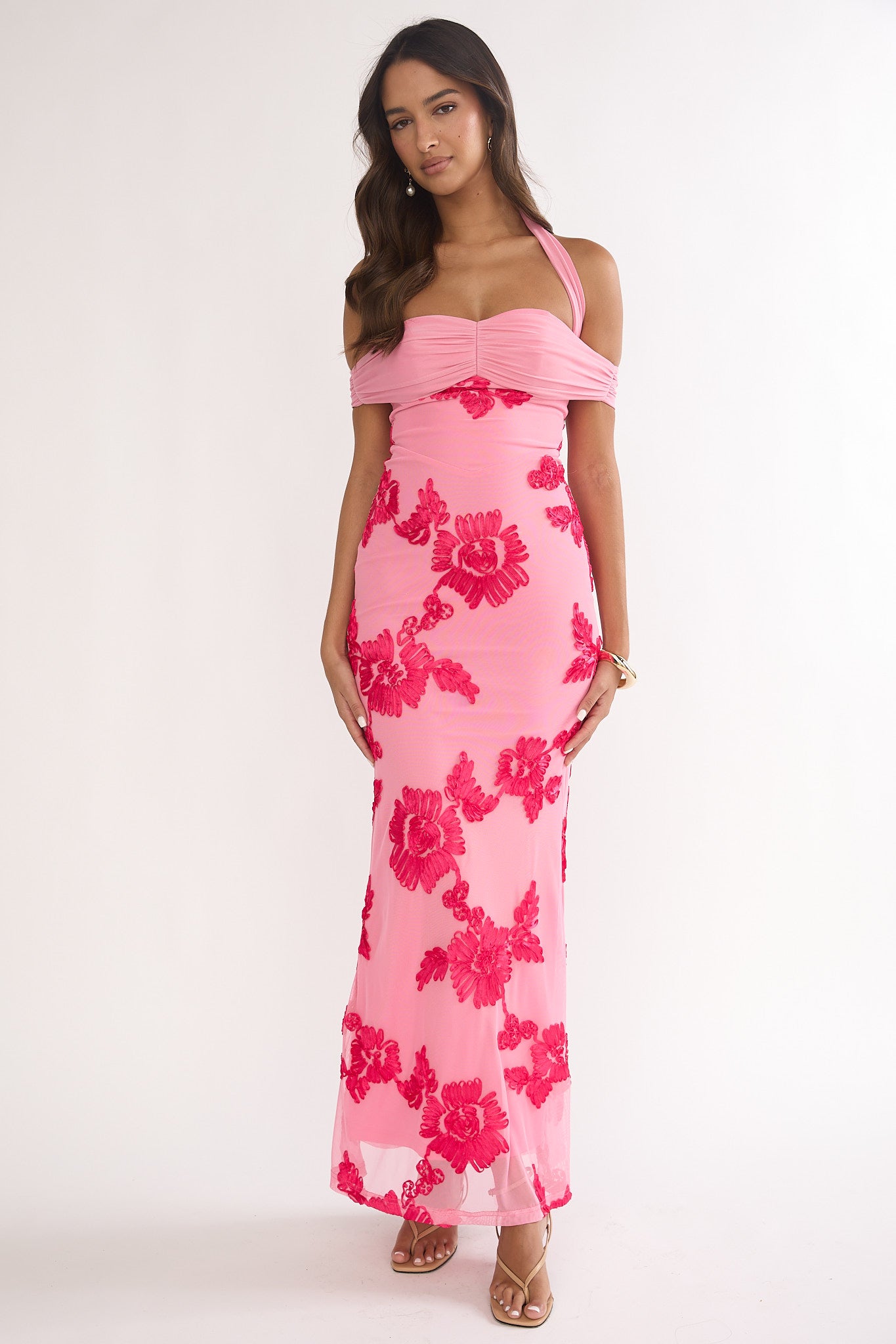 Fleurie Halter Off-Shoulder Maxi Dress Embellished Pink by Selfie Leslie Australia