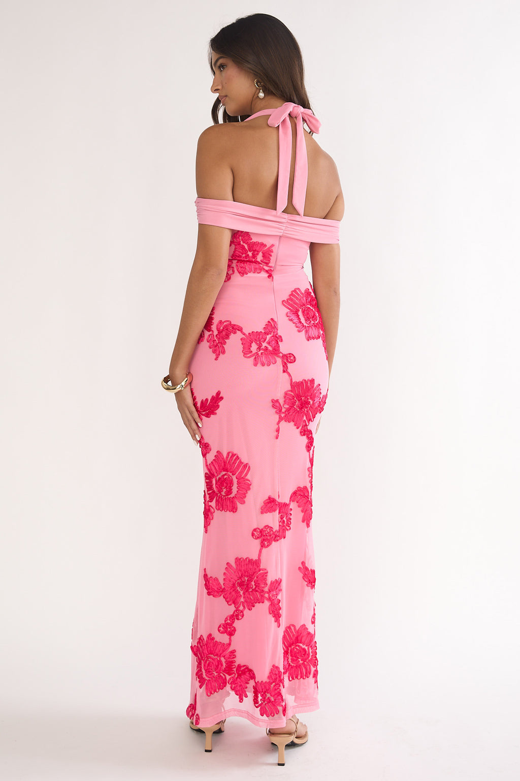 Fleurie Halter Off-Shoulder Maxi Dress Embellished Pink by Selfie Leslie Australia
