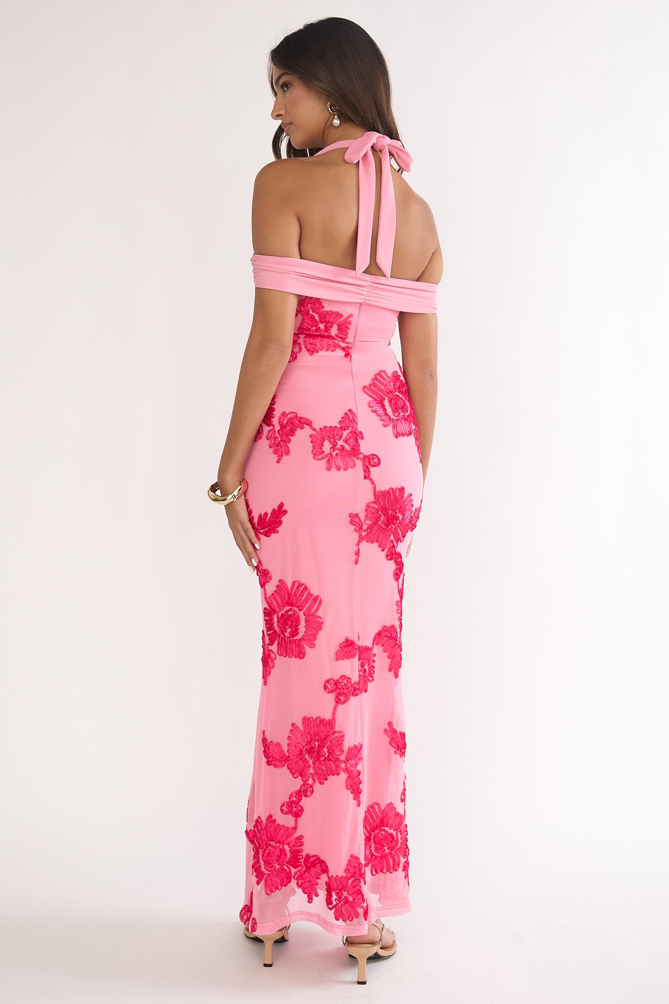 Fleurie Halter Off-Shoulder Maxi Dress Embellished Pink by Selfie Leslie Australia