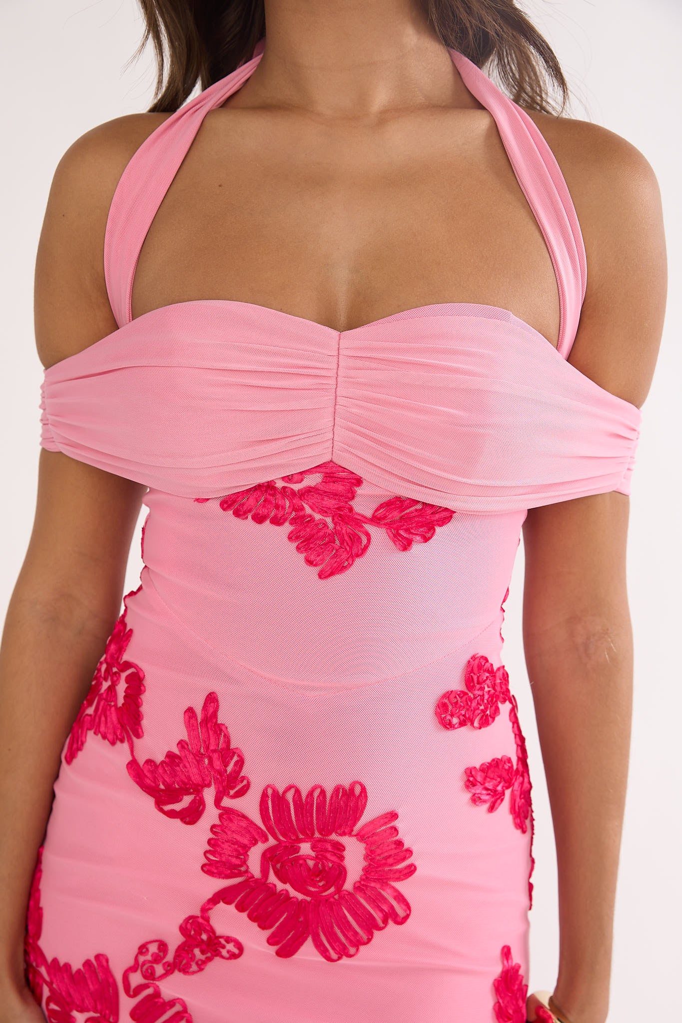 Fleurie Halter Off-Shoulder Maxi Dress Embellished Pink by Selfie Leslie Australia