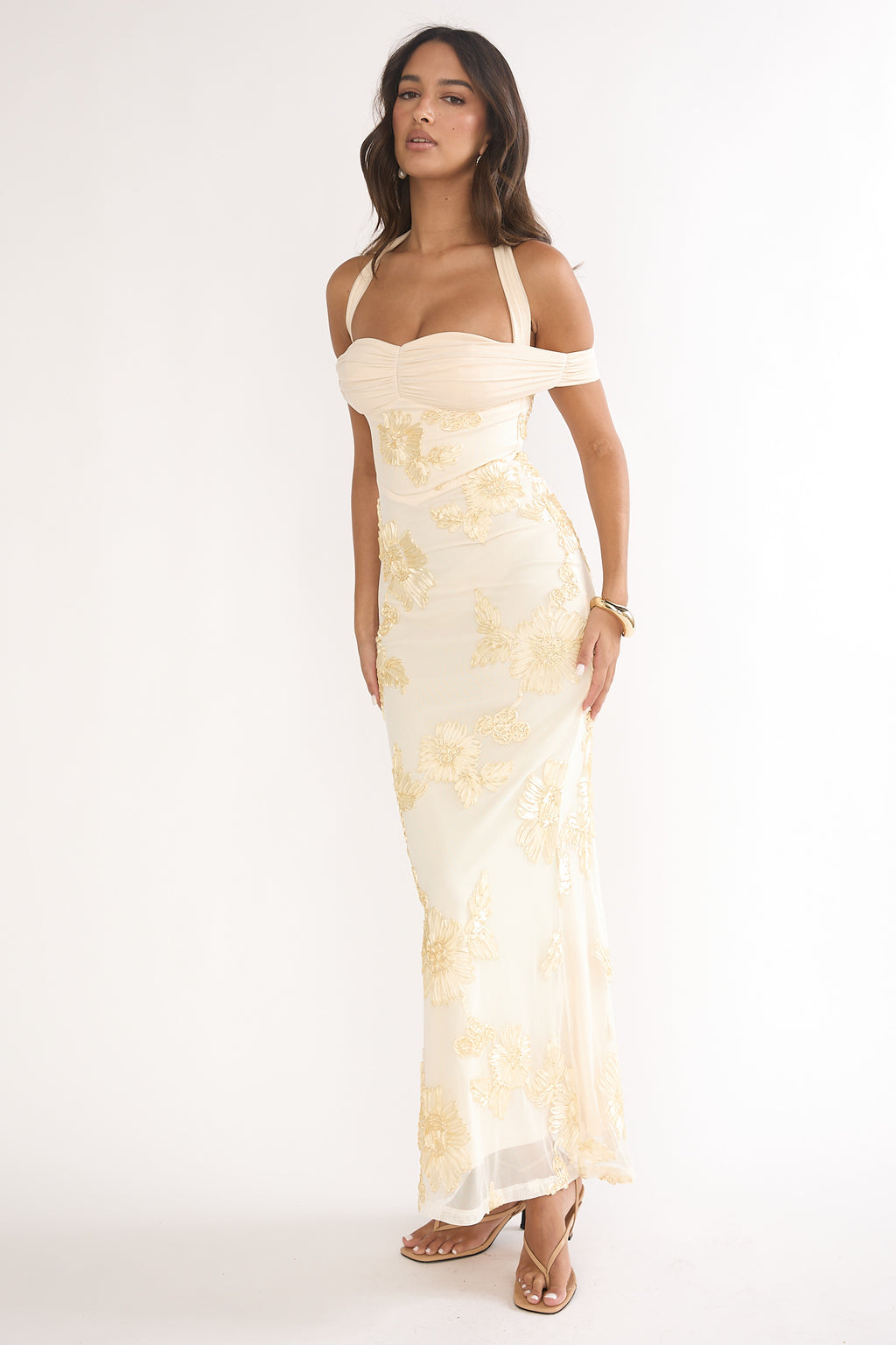 Fleurie Halter Off-Shoulder Maxi Dress Embellished Yellow by Selfie Leslie Australia