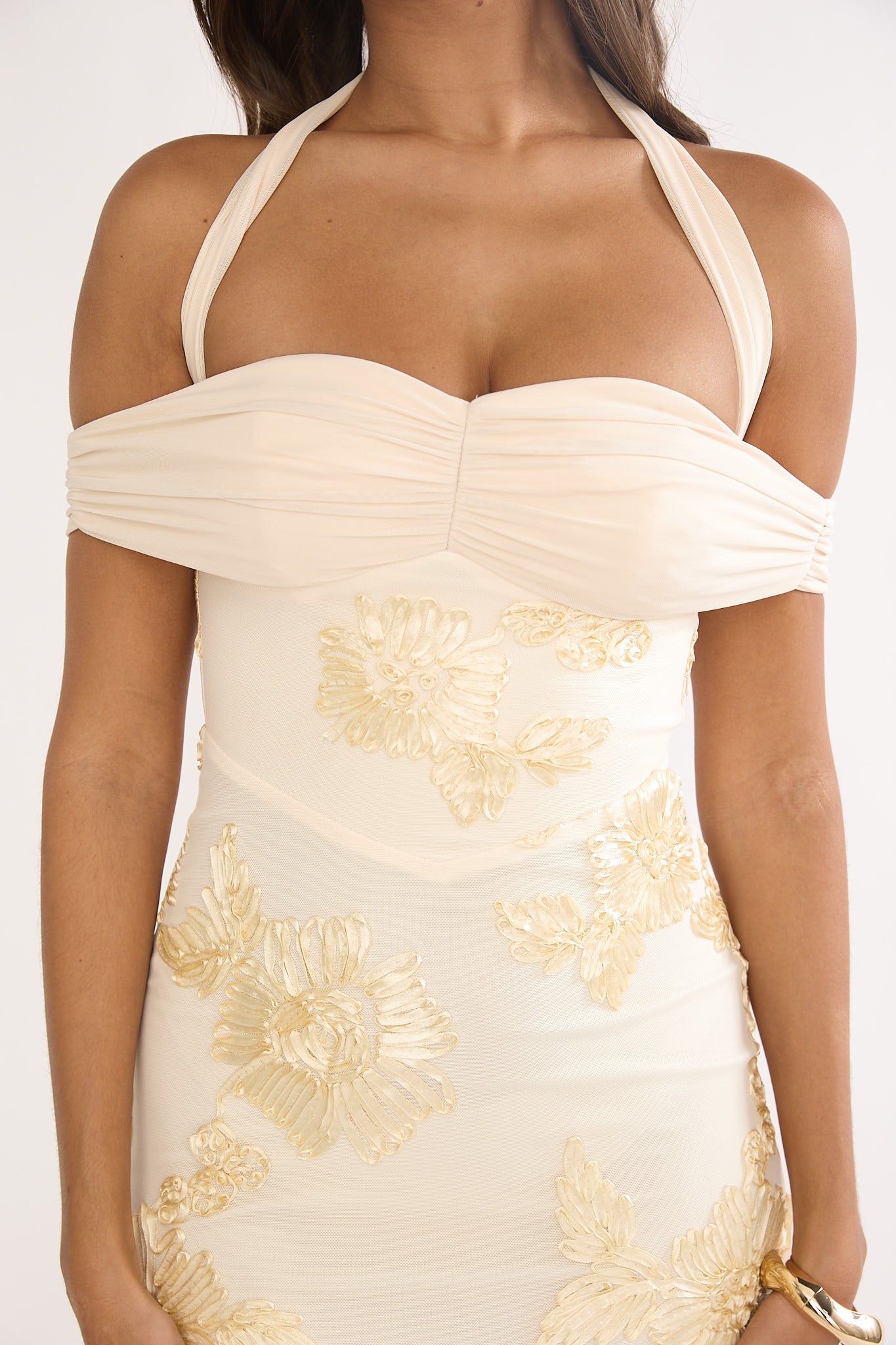 Fleurie Halter Off-Shoulder Maxi Dress Embellished Yellow by Selfie Leslie Australia