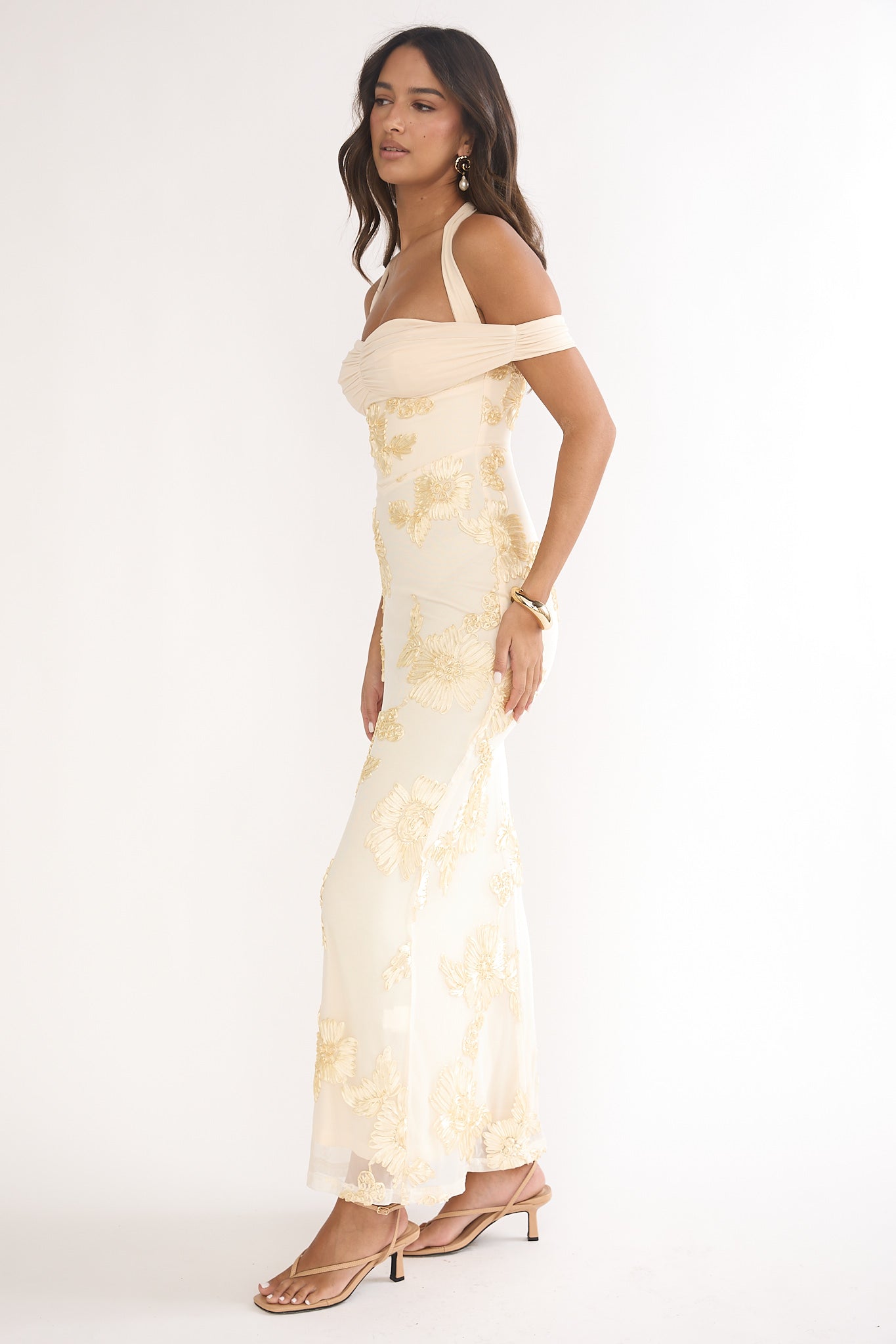 Fleurie Halter Off-Shoulder Maxi Dress Embellished Yellow by Selfie Leslie Australia