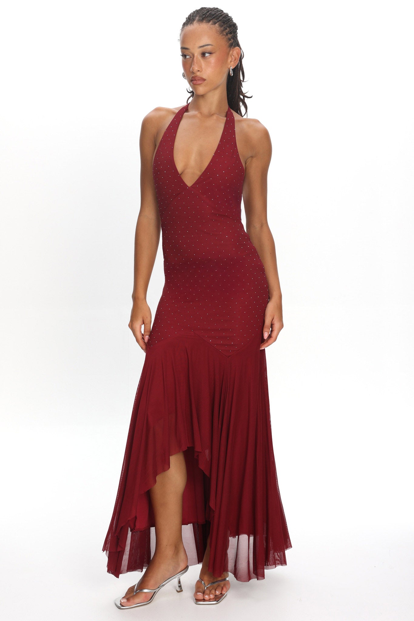 Endira Halter Sheer Hem Midi Dress Burgundy by Selfie Leslie Australia