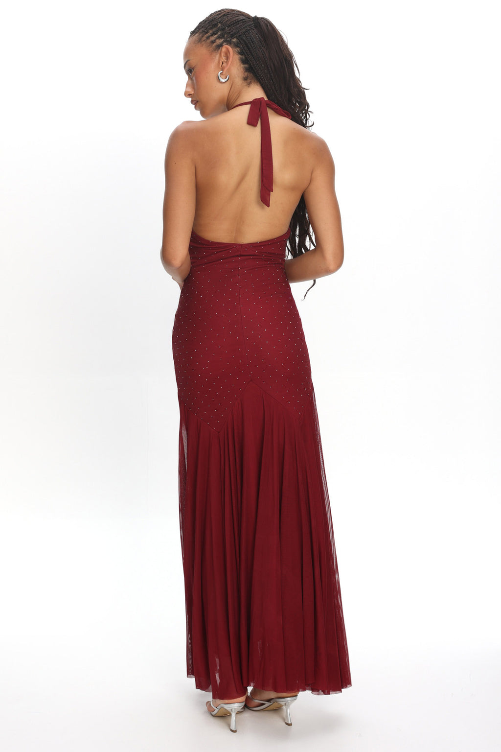 Endira Halter Sheer Hem Midi Dress Burgundy by Selfie Leslie Australia