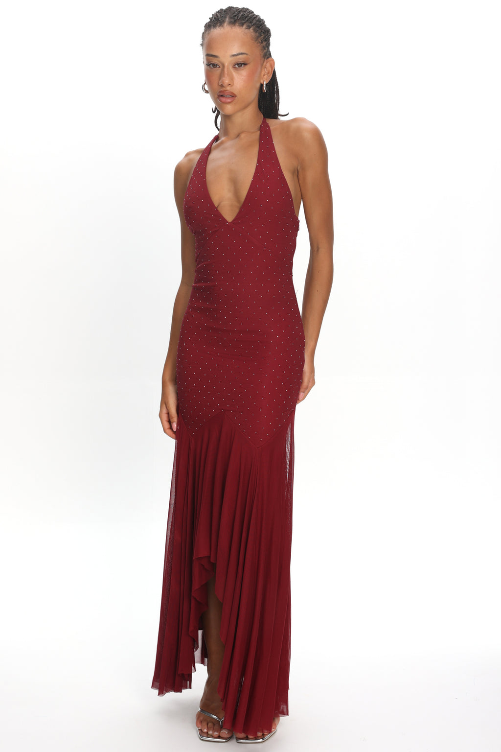 Endira Halter Sheer Hem Midi Dress Burgundy by Selfie Leslie Australia