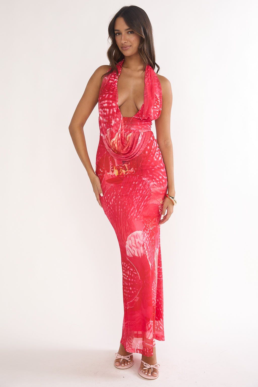 Everra Halterneck Drape Maxi Dress Print Red by Selfie Leslie Australia