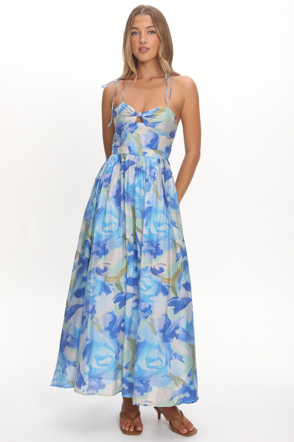 Skyler Tied Shoulder Maxi Dress Print Blue by Selfie Leslie Australia