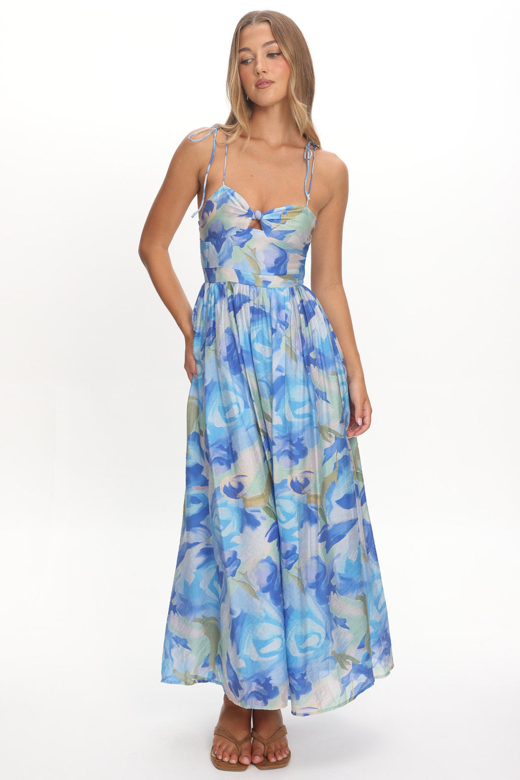 Skyler Tied Shoulder Maxi Dress Print Blue by Selfie Leslie Australia