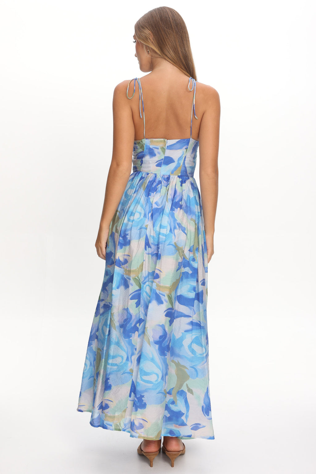 Skyler Tied Shoulder Maxi Dress Print Blue by Selfie Leslie Australia