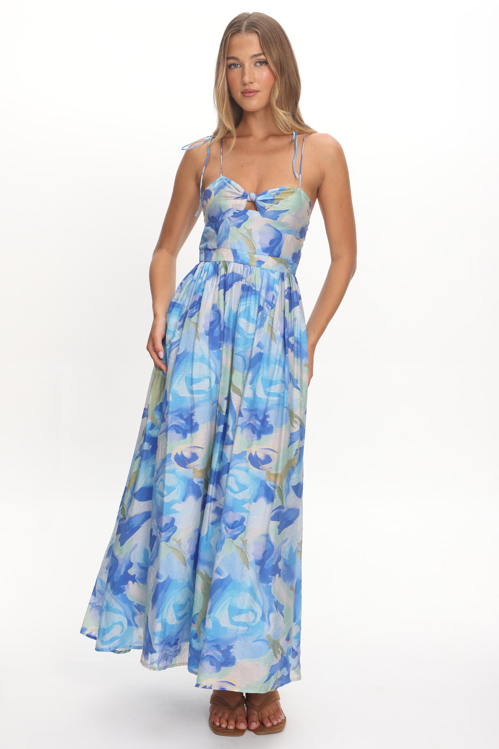 Skyler Tied Shoulder Maxi Dress Print Blue by Selfie Leslie Australia