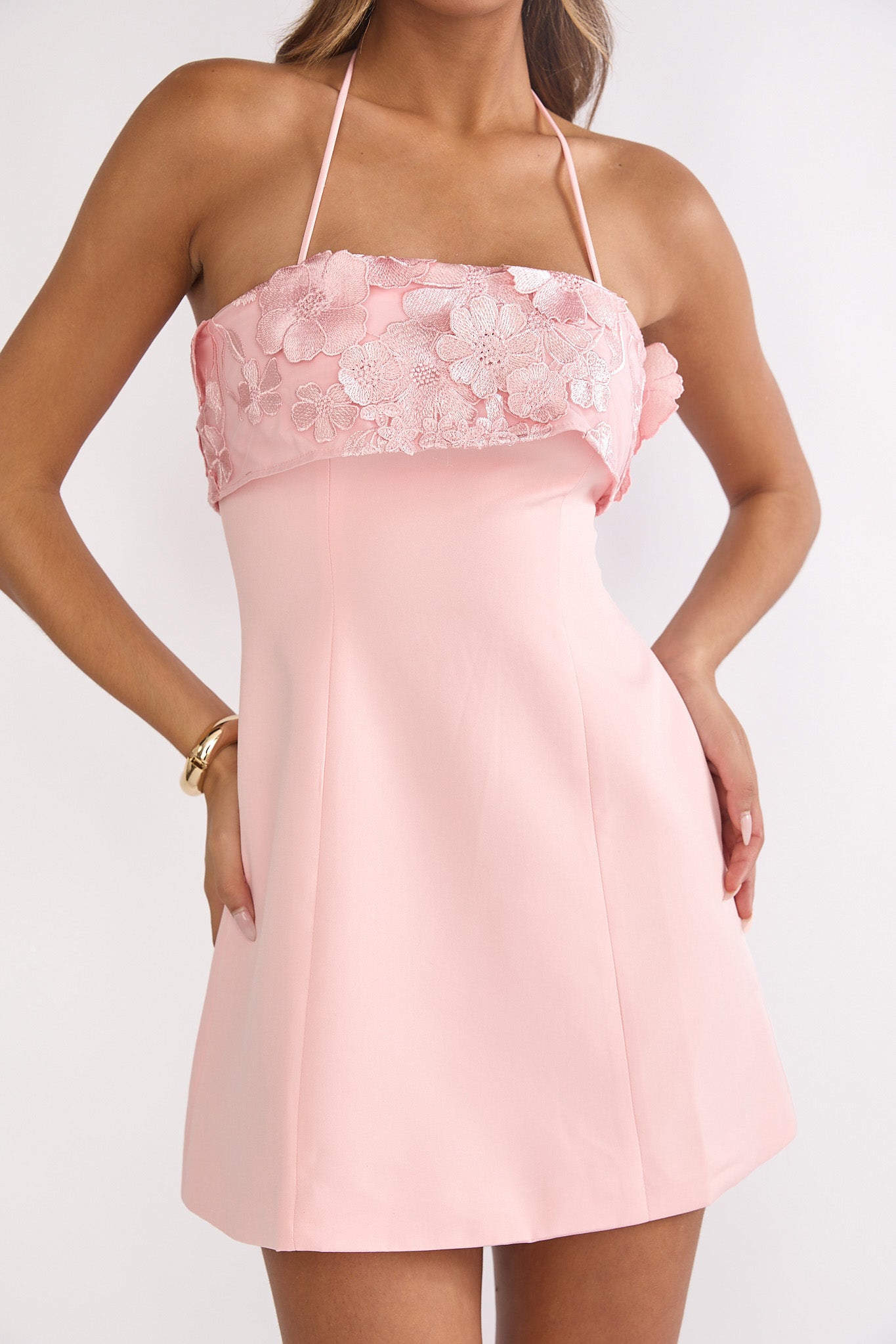 Sunbeam Kiss Foldover Floral Bust Mini Dress Blush by Selfie Leslie Australia