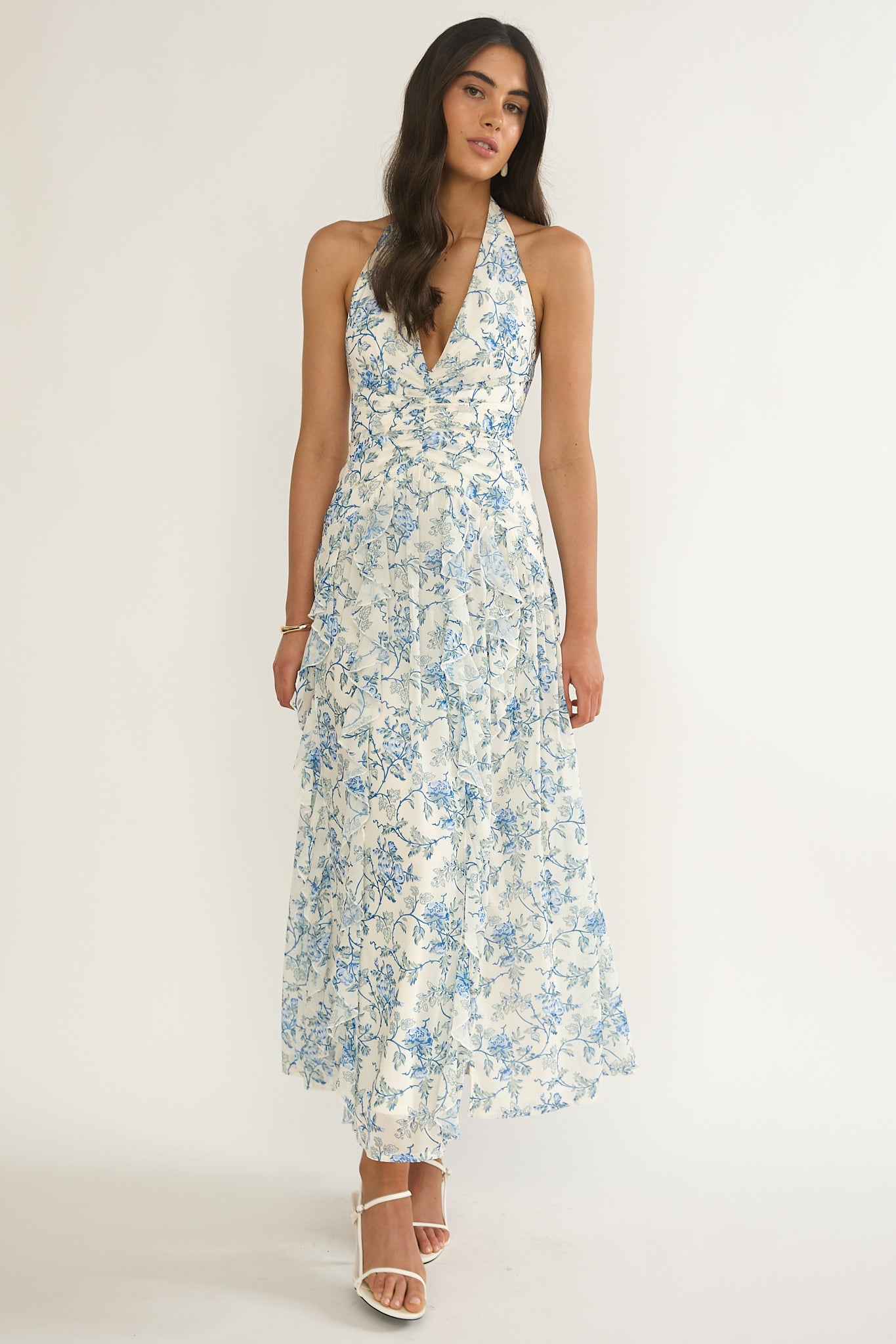 She's Glowing Halterneck Ruffle Dress Floral Blue by Selfie Leslie Australia