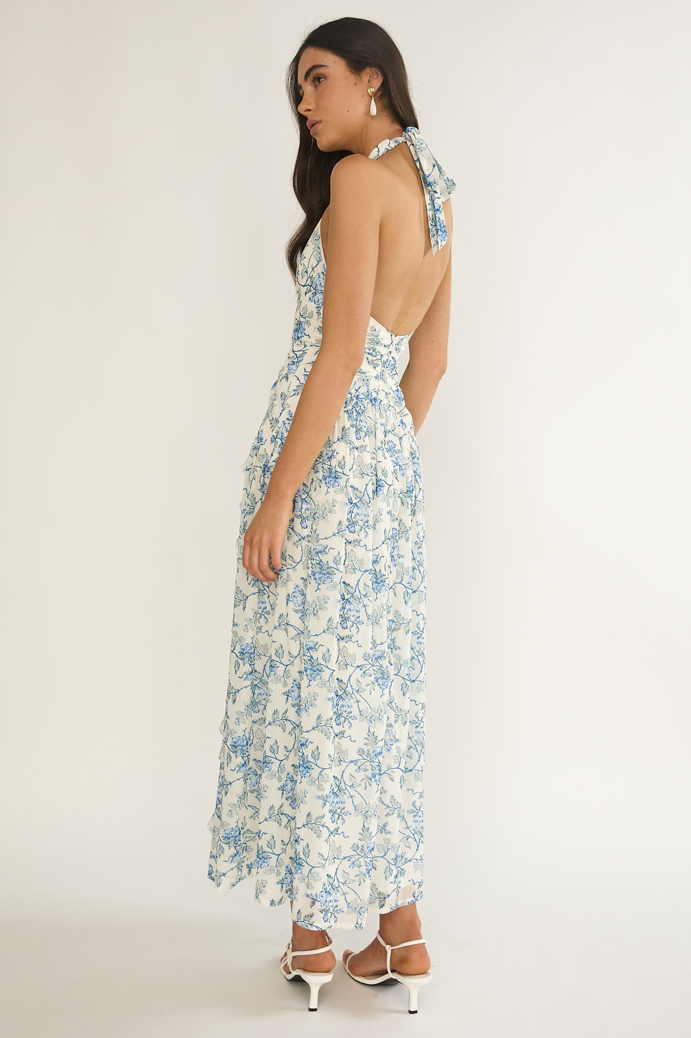She's Glowing Halterneck Ruffle Dress Floral Blue by Selfie Leslie Australia