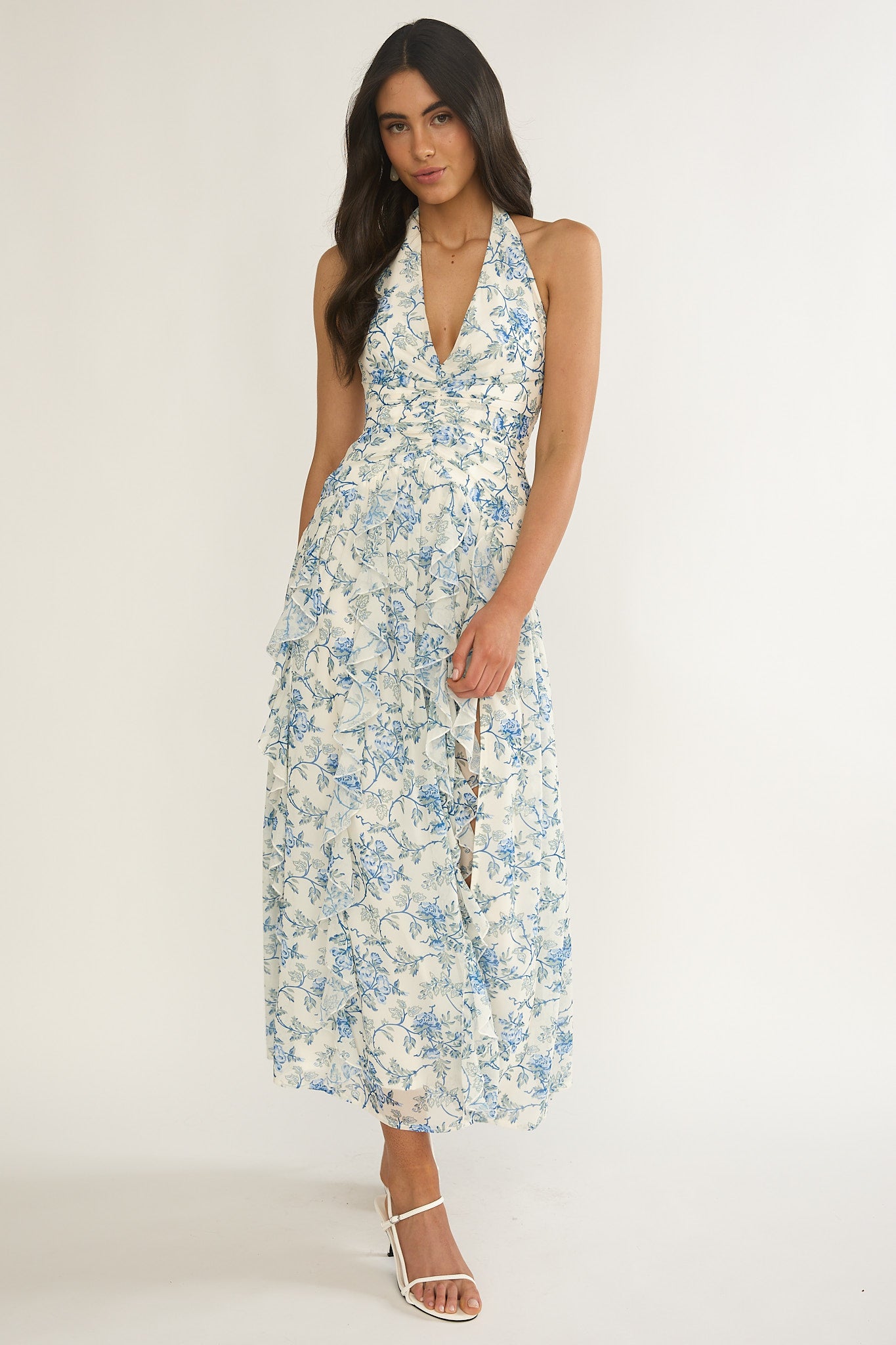 She's Glowing Halterneck Ruffle Dress Floral Blue by Selfie Leslie Australia