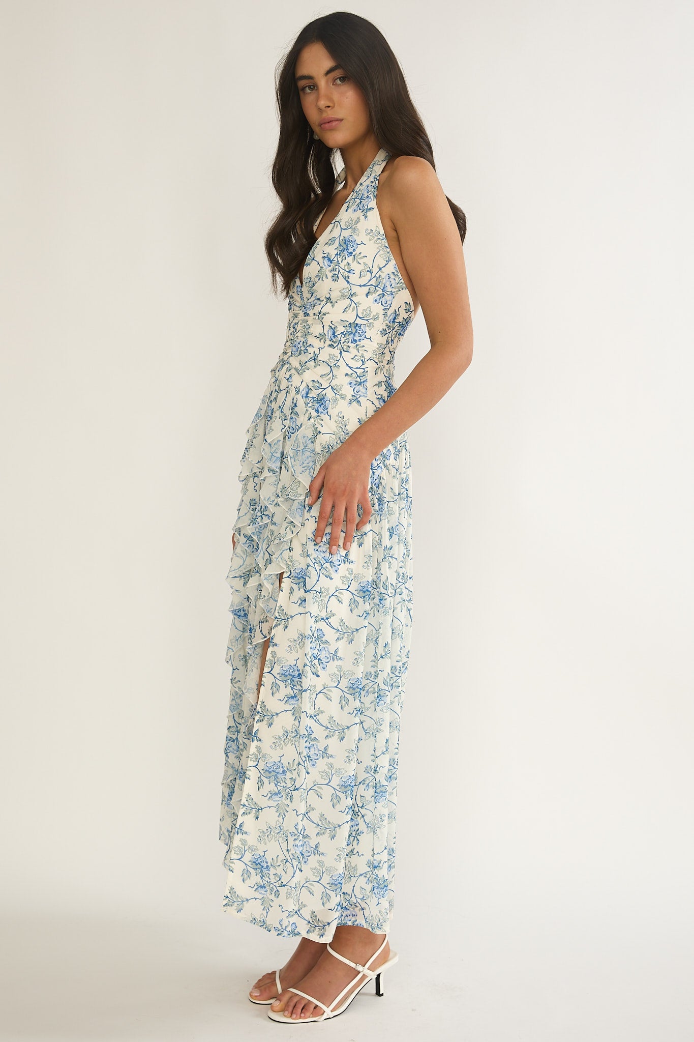 She's Glowing Halterneck Ruffle Dress Floral Blue by Selfie Leslie Australia
