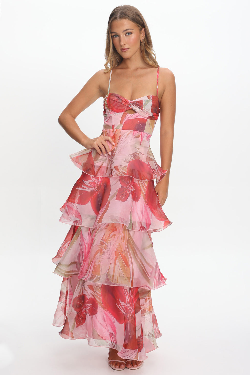 Varenna Layered Sweetheart Neckline Maxi Dress Print Red by Selfie Leslie Australia