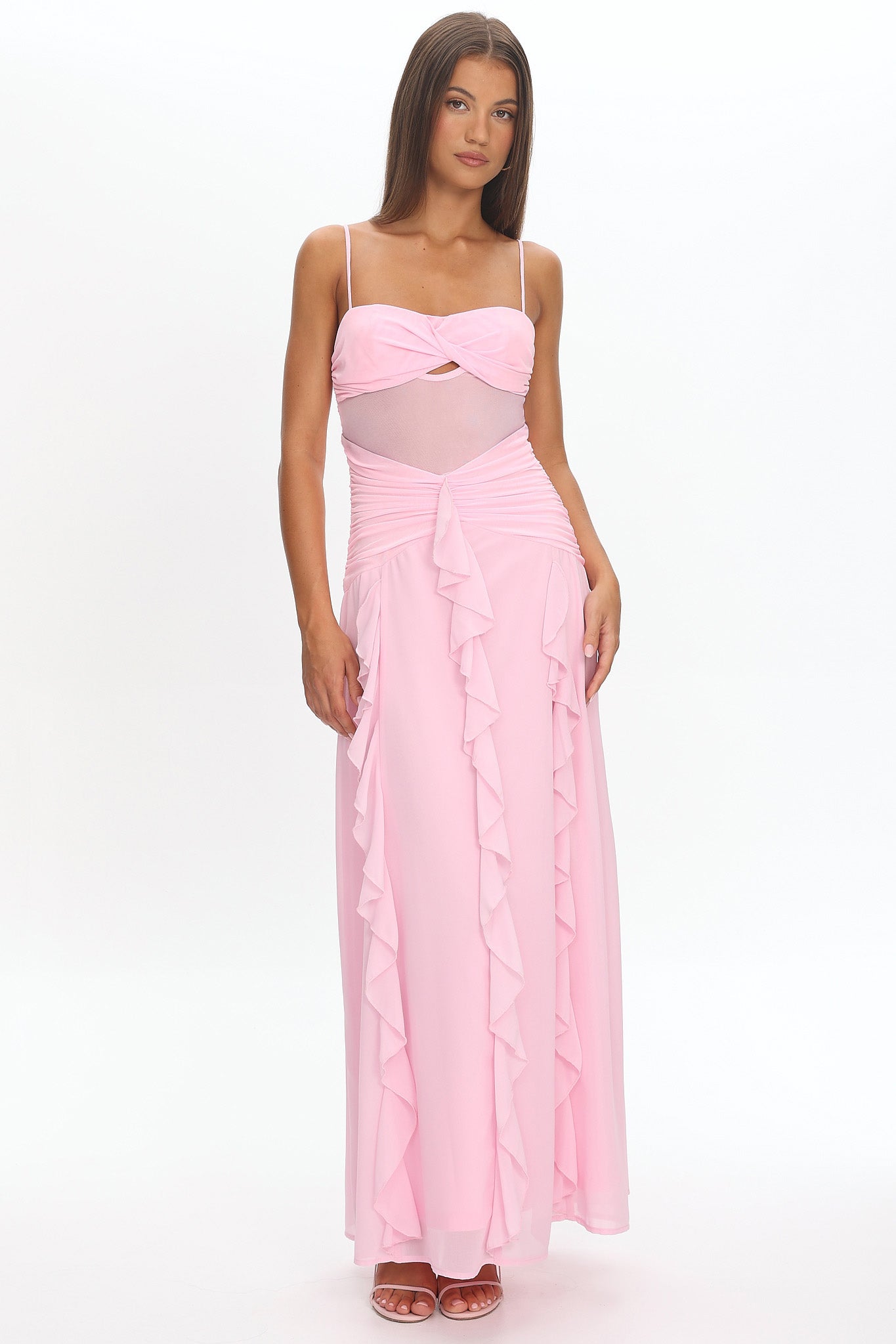 Janella Twist Bust Ruffle Maxi Dress Pink by Selfie Leslie Australia