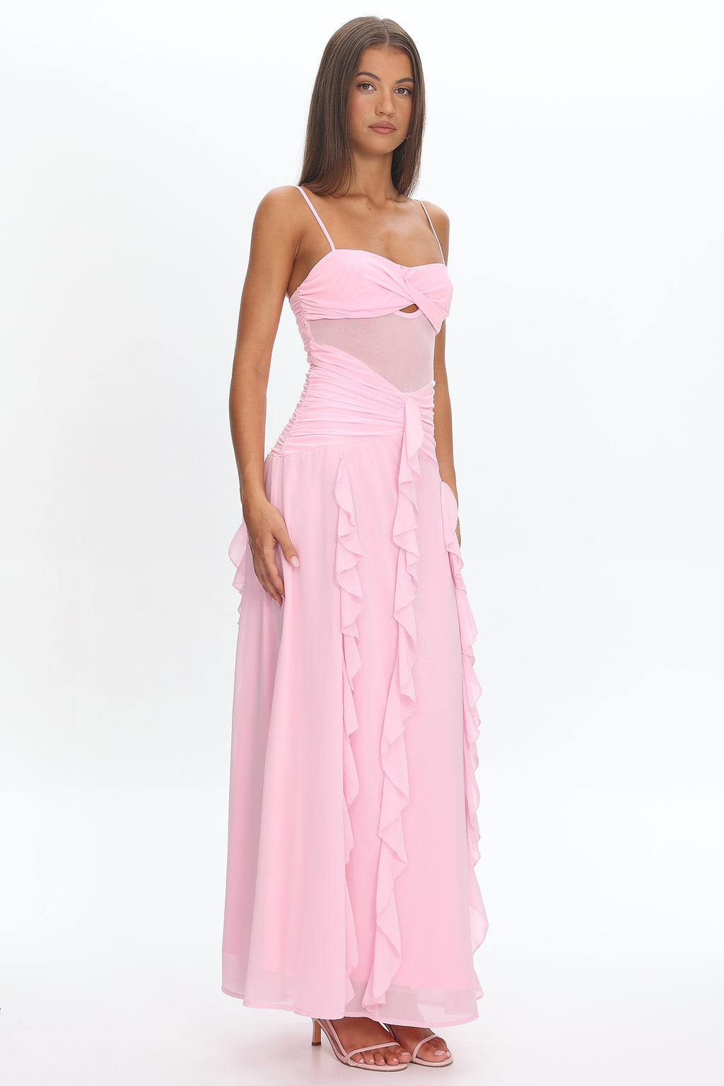 Janella Twist Bust Ruffle Maxi Dress Pink by Selfie Leslie Australia