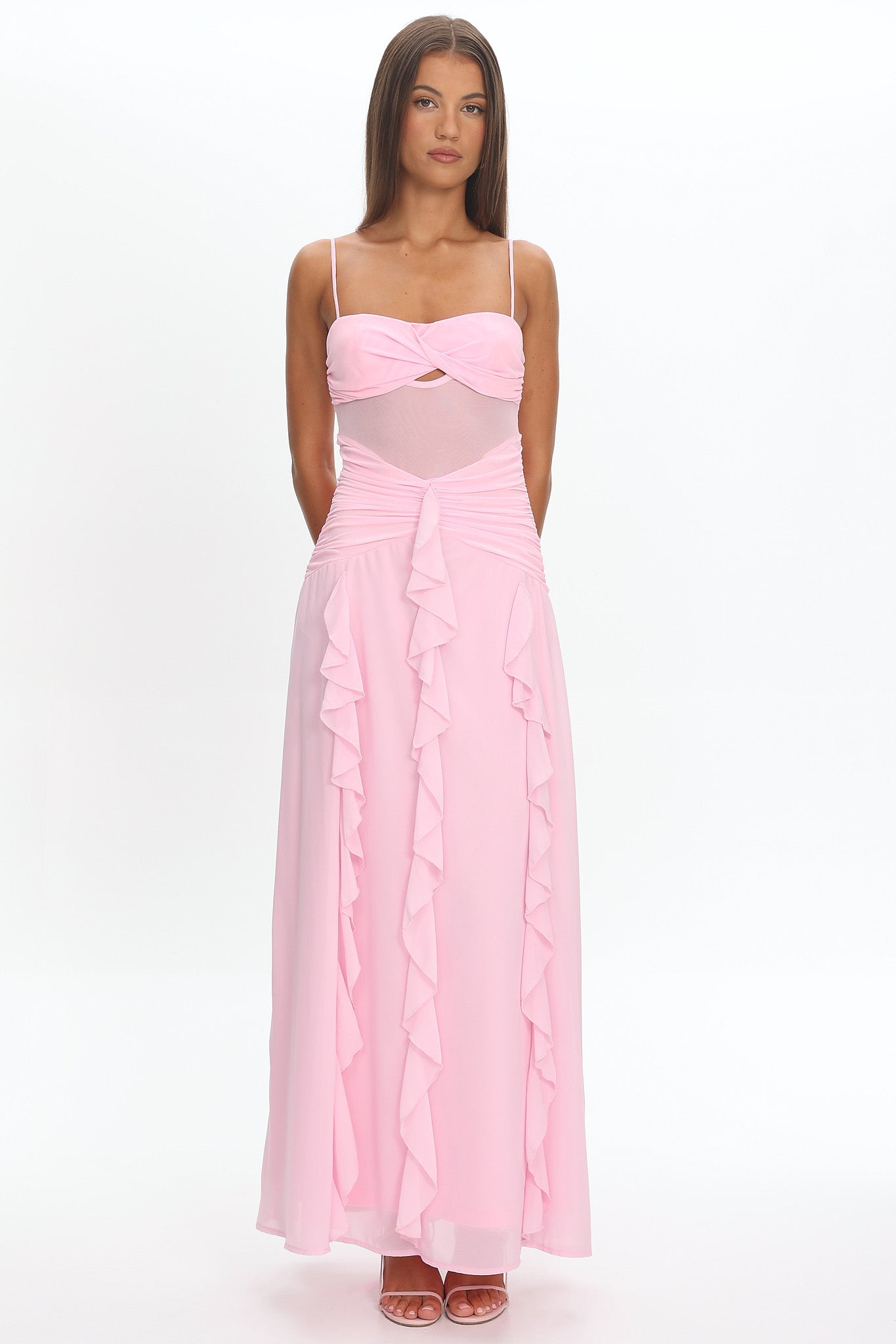 Janella Twist Bust Ruffle Maxi Dress Pink by Selfie Leslie Australia