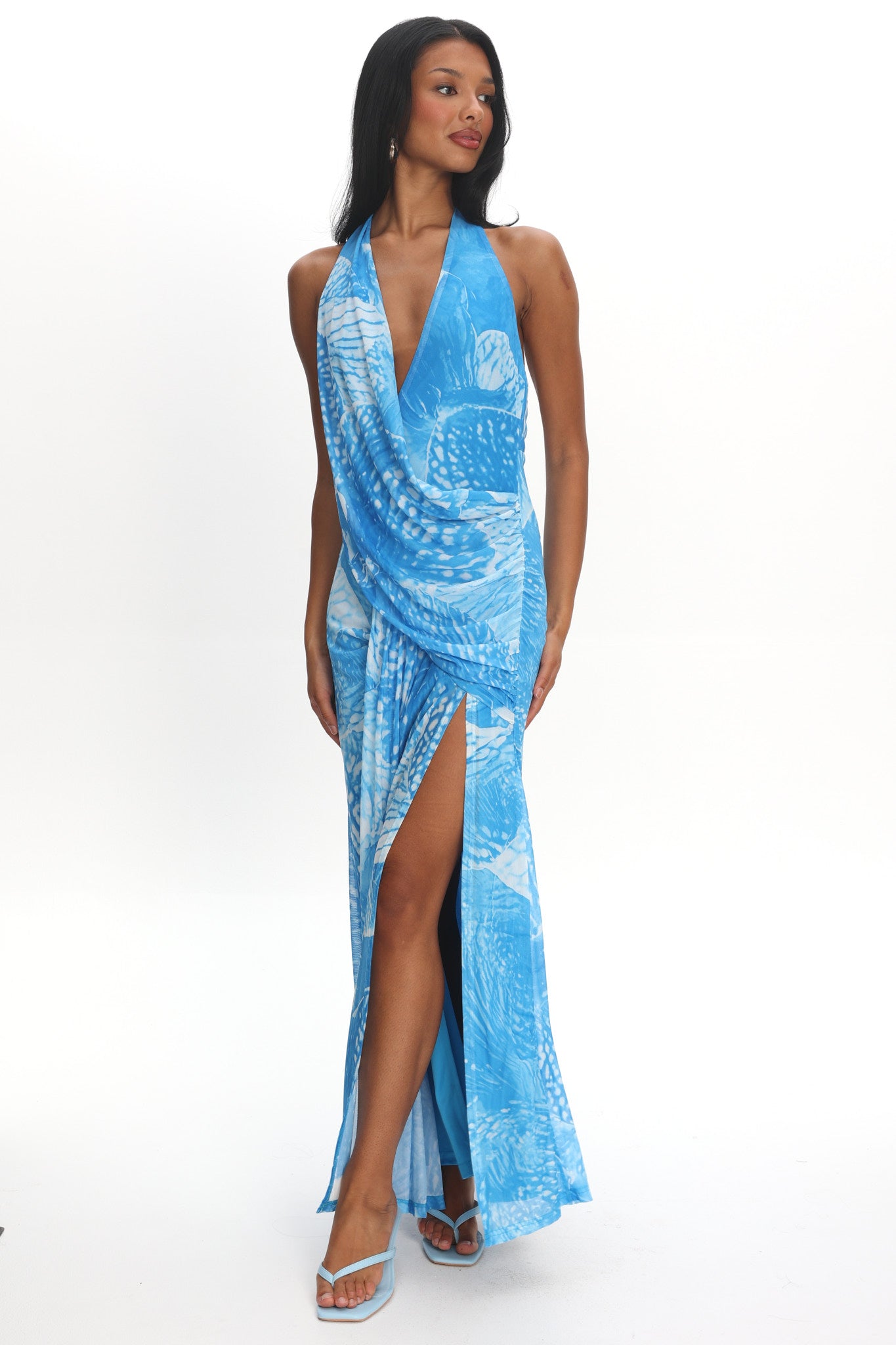 Palomino Plunging Halter Maxi Dress Print Blue by Selfie Leslie Australia