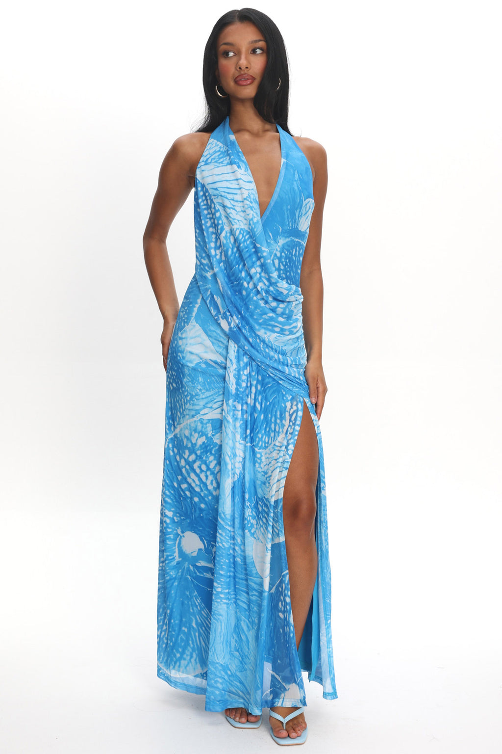 Palomino Plunging Halter Maxi Dress Print Blue by Selfie Leslie Australia