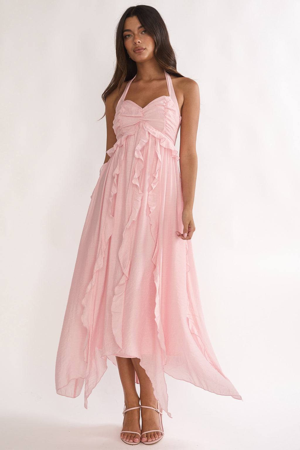 Spirit Frill Trim Halterneck Maxi Dress Pink by Selfie Leslie Australia