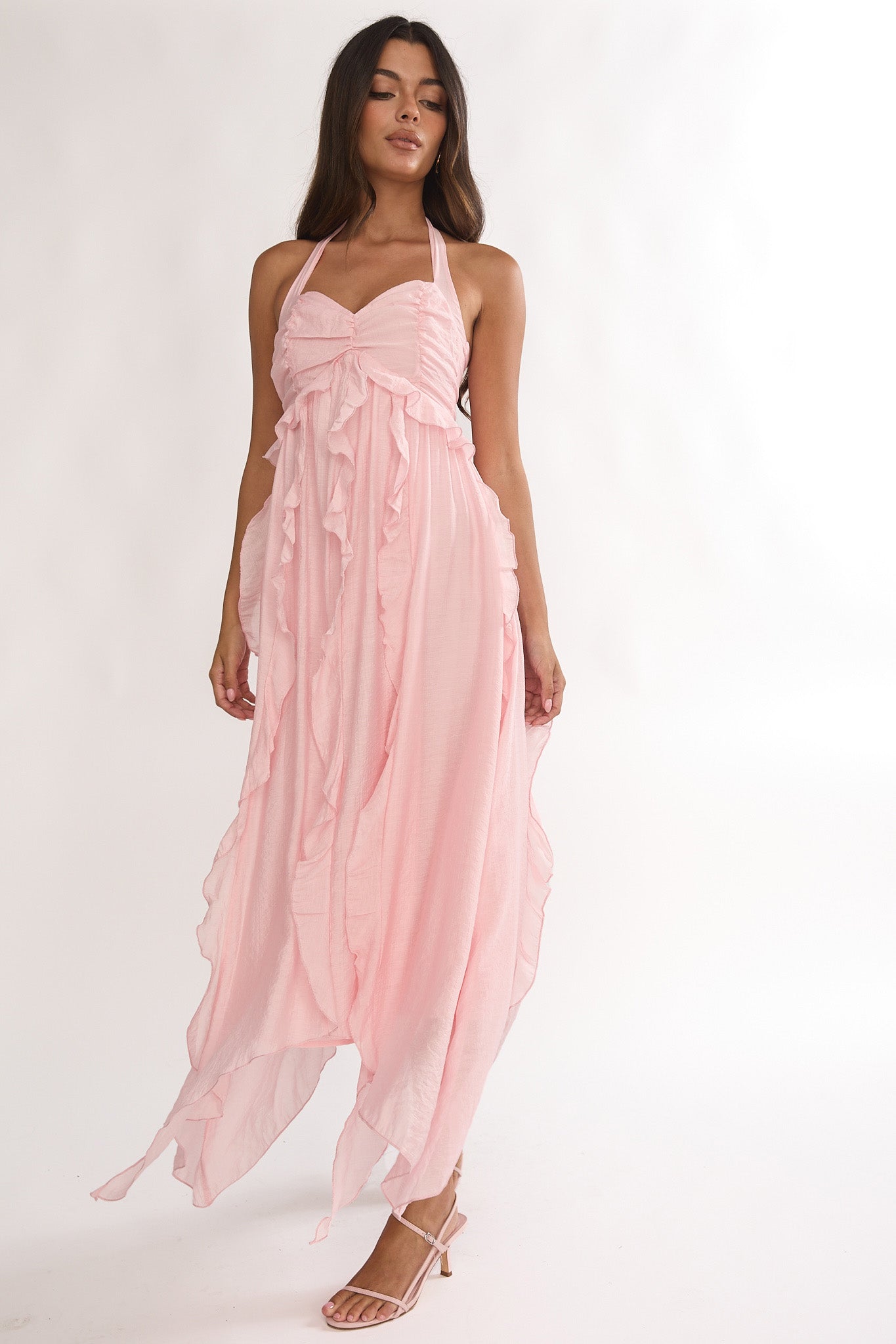 Spirit Frill Trim Halterneck Maxi Dress Pink by Selfie Leslie Australia