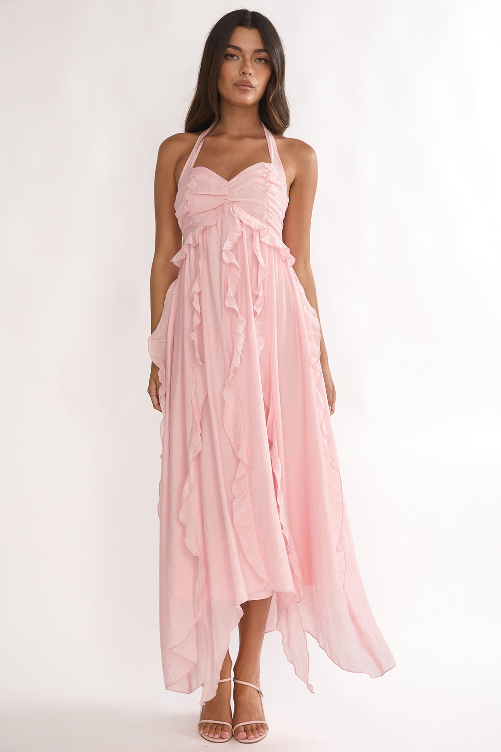 Spirit Frill Trim Halterneck Maxi Dress Pink by Selfie Leslie Australia