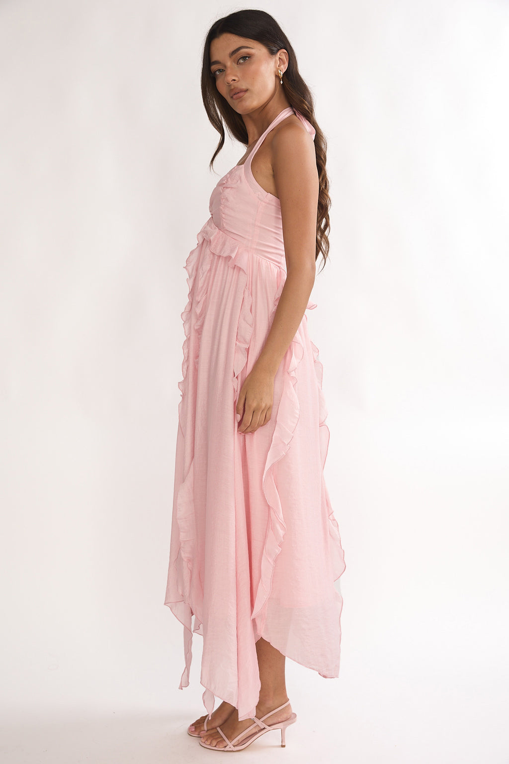 Spirit Frill Trim Halterneck Maxi Dress Pink by Selfie Leslie Australia