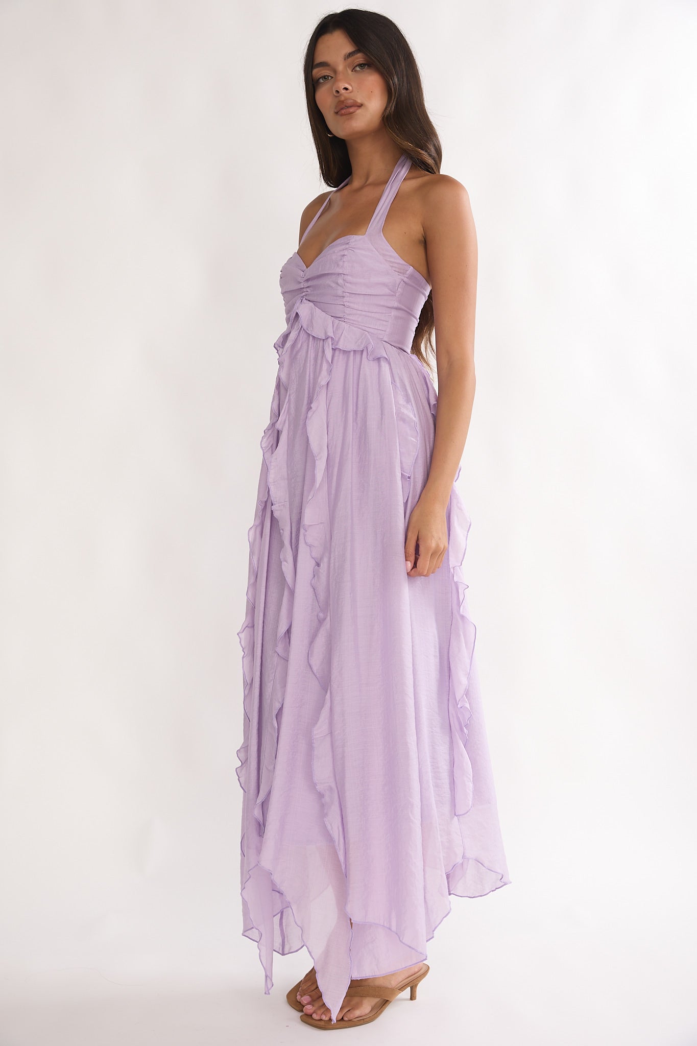 Spirit Frill Trim Halterneck Maxi Dress Purple by Selfie Leslie Australia