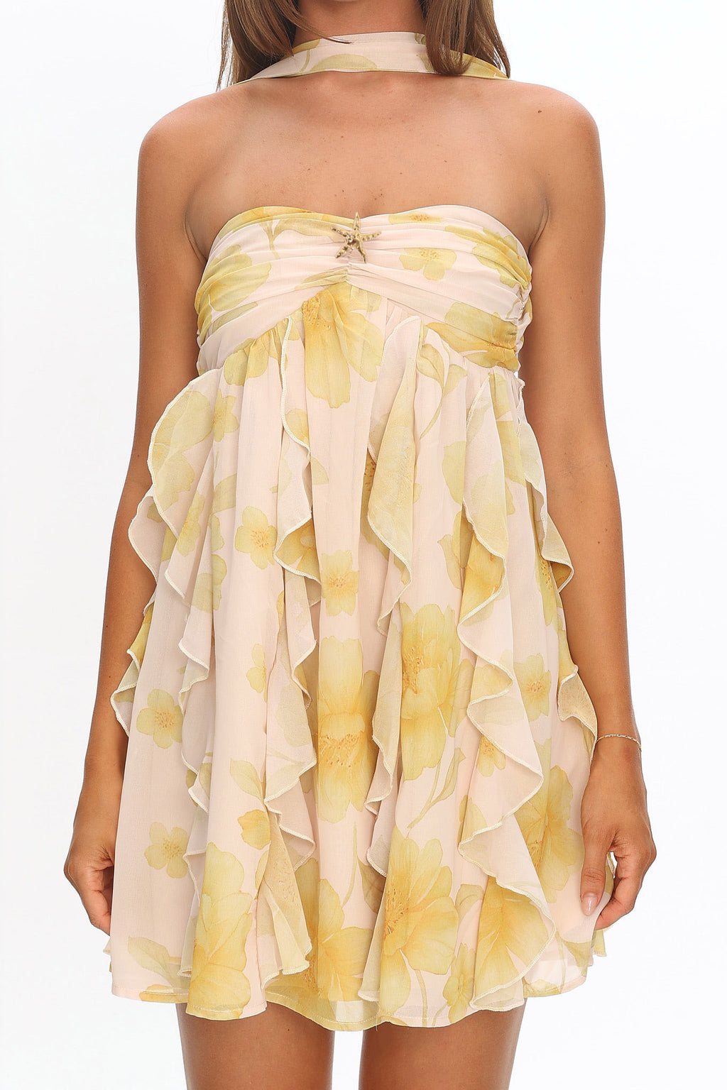 Spirit Reverse Halter Ruffle Mini Dress Floral Butter by Selfie Leslie Australia