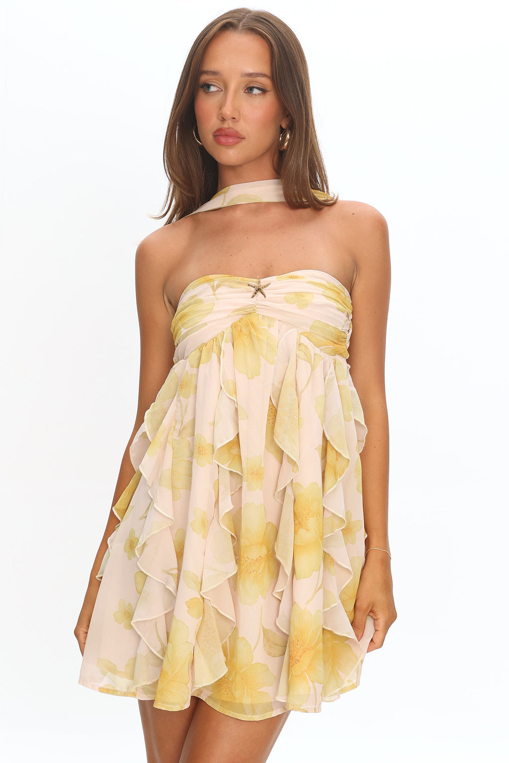 Spirit Reverse Halter Ruffle Mini Dress Floral Butter by Selfie Leslie Australia