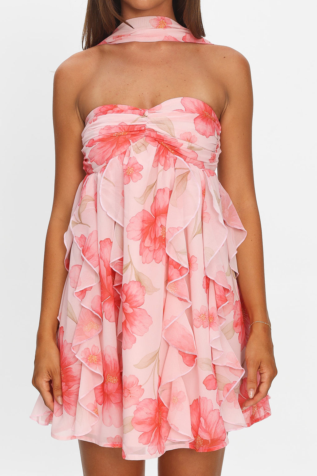 Spirit Reverse Halter Ruffle Mini Dress Floral Pink by Selfie Leslie Australia