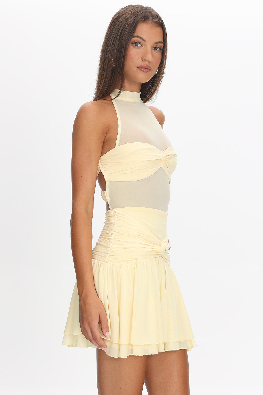 Savina Sheer Bodice Mini Dress Lemon by Selfie Leslie Australia
