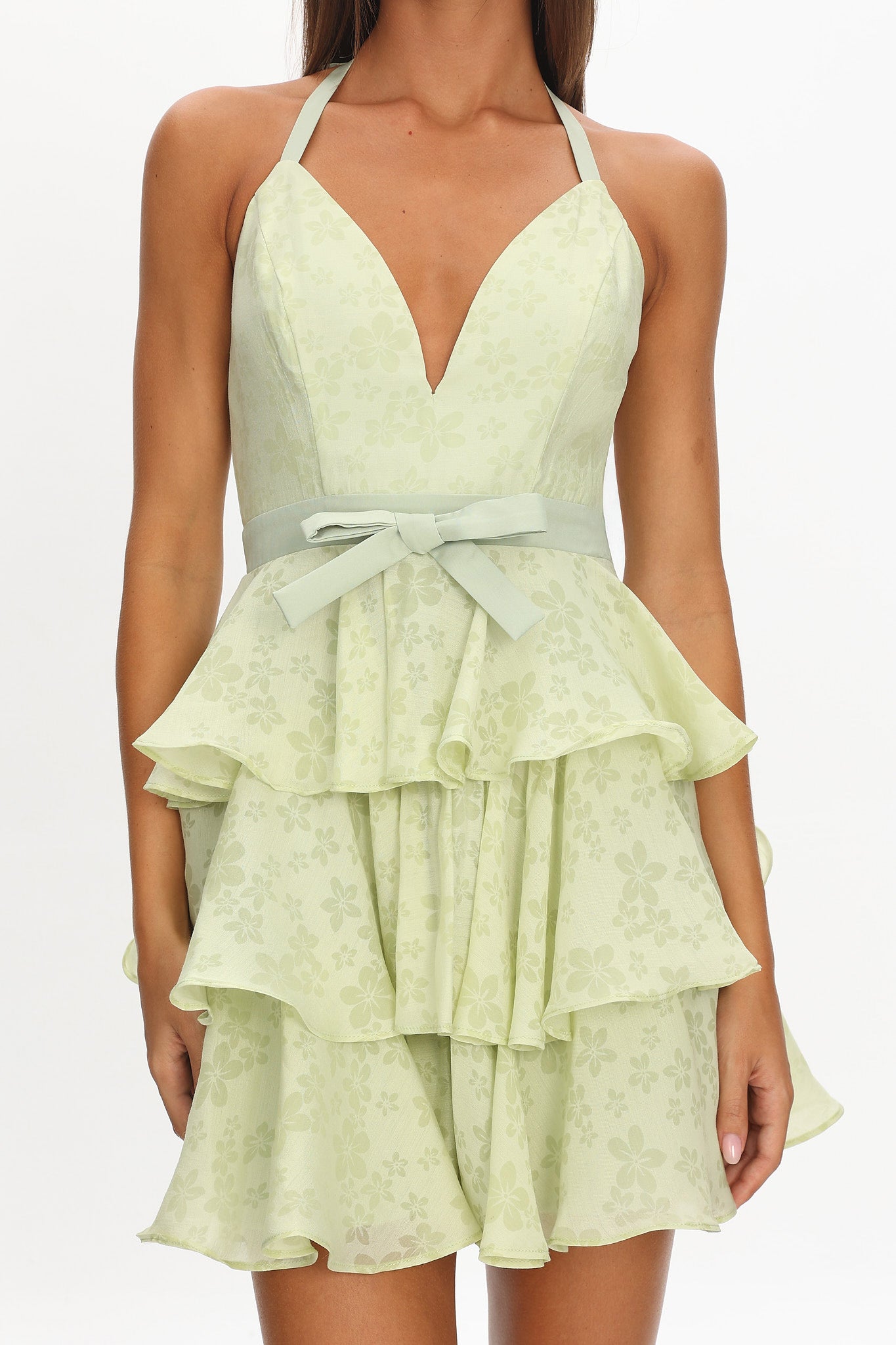 Ayala Halterneck Ruffle Mini Dress Floral Lime by Selfie Leslie Australia