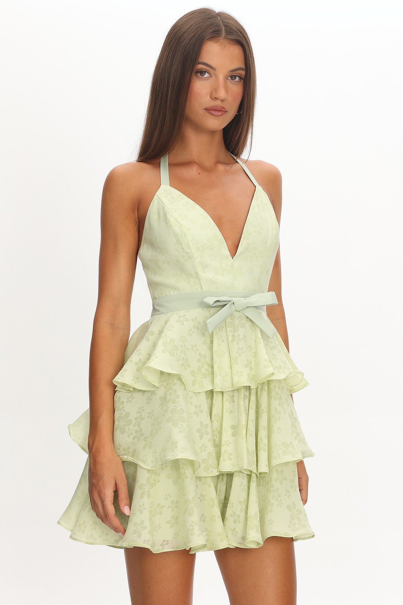 Ayala Halterneck Ruffle Mini Dress Floral Lime by Selfie Leslie Australia