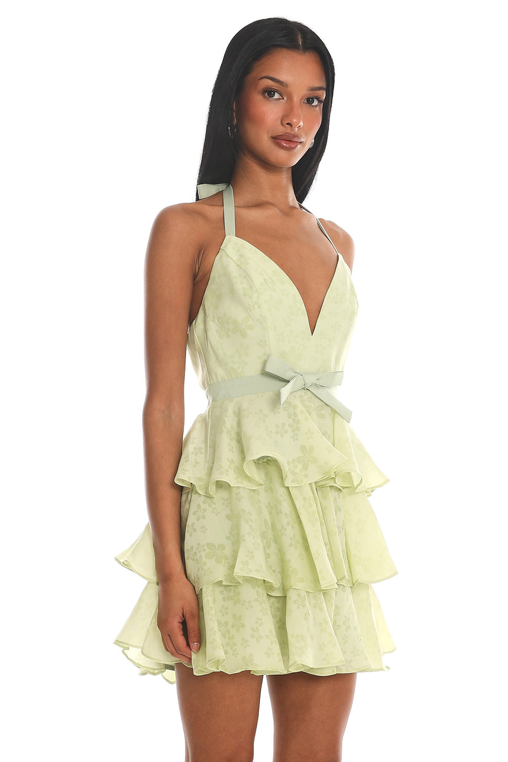 Ayala Halterneck Ruffle Mini Dress Floral Lime by Selfie Leslie Australia