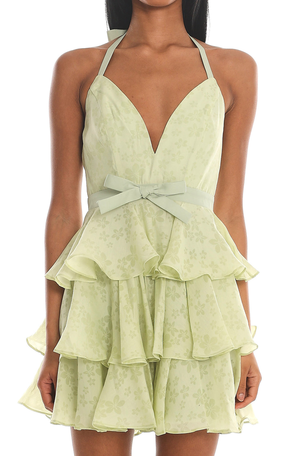 Ayala Halterneck Ruffle Mini Dress Floral Lime by Selfie Leslie Australia