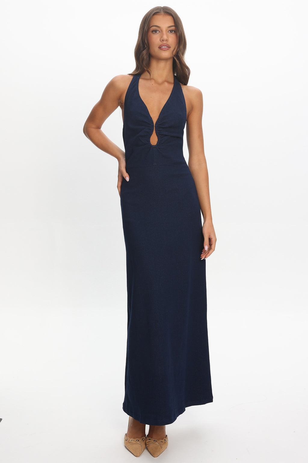 Lioren Plunging Halterneck Maxi Dress Indigo